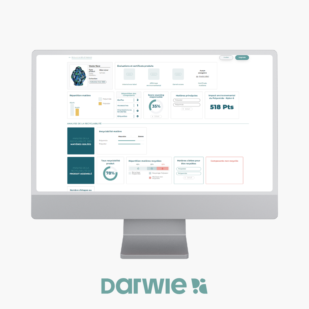 logiciel d'éco conception darwie en cours d'utilisation. Ce logiciel évalue la performance environnementale et la recyclabilité des produits