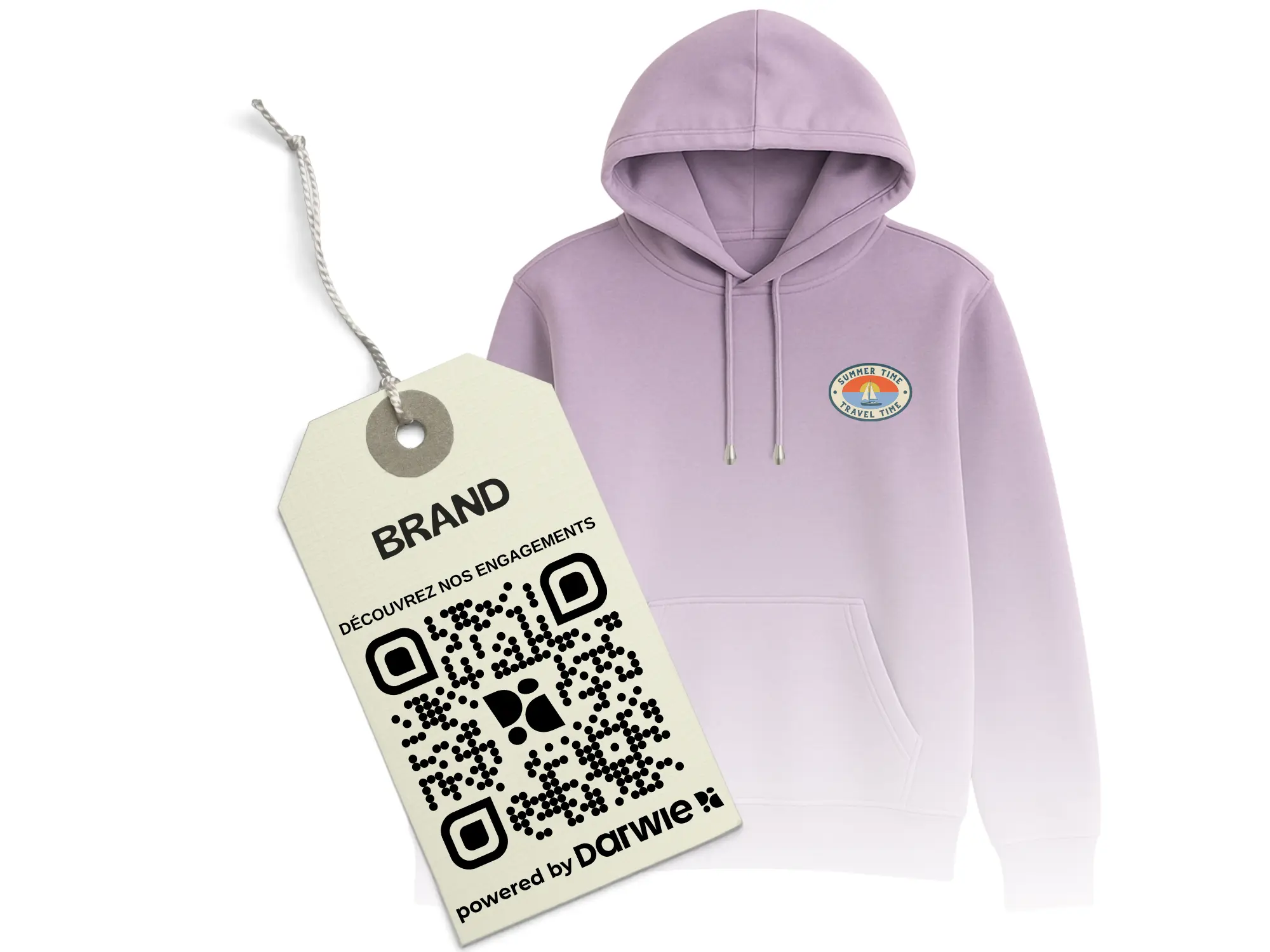  Illustration d’un pull avec étiquette mettant en avant la transparence client et la communication des engagements grâce à la plateforme d’éco-conception textile et chaussure Darwie 360